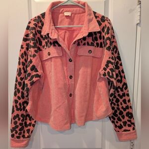 Hailey & Co. pink leopard print corduroy shacket. Large